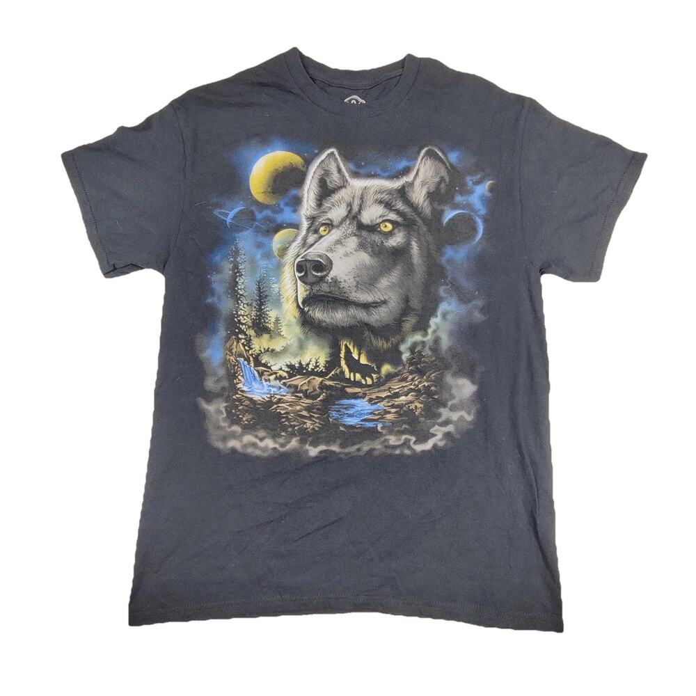 DOM Shirt Mens Medium Black Wolf Nature Animals Graphic Tee Tagless Crew Neck
